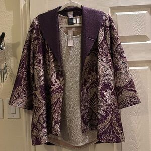 This is burgundy and gold top with jacket .